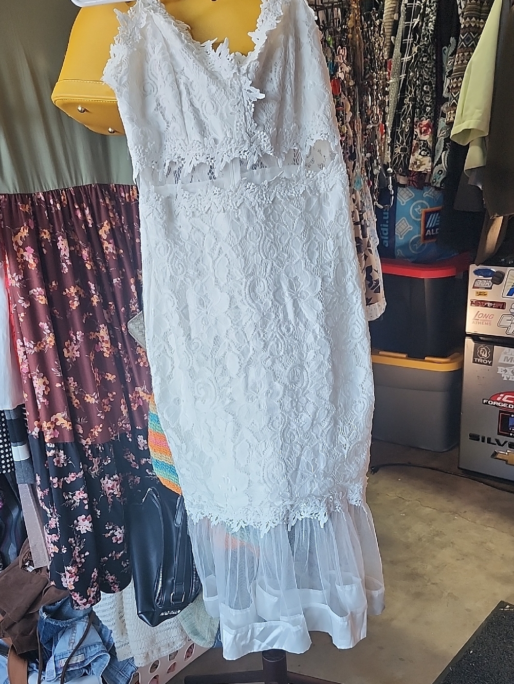 Ivory Lace Midi Dress with Sheer Ruffle Hem. Medium?